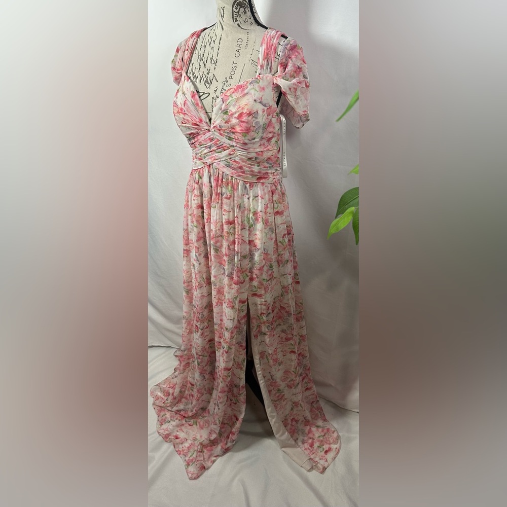 💐 💜Omari  Abstract Watercolor Floral A-Line Chiffon Dress💐 - Picture 4 of 11